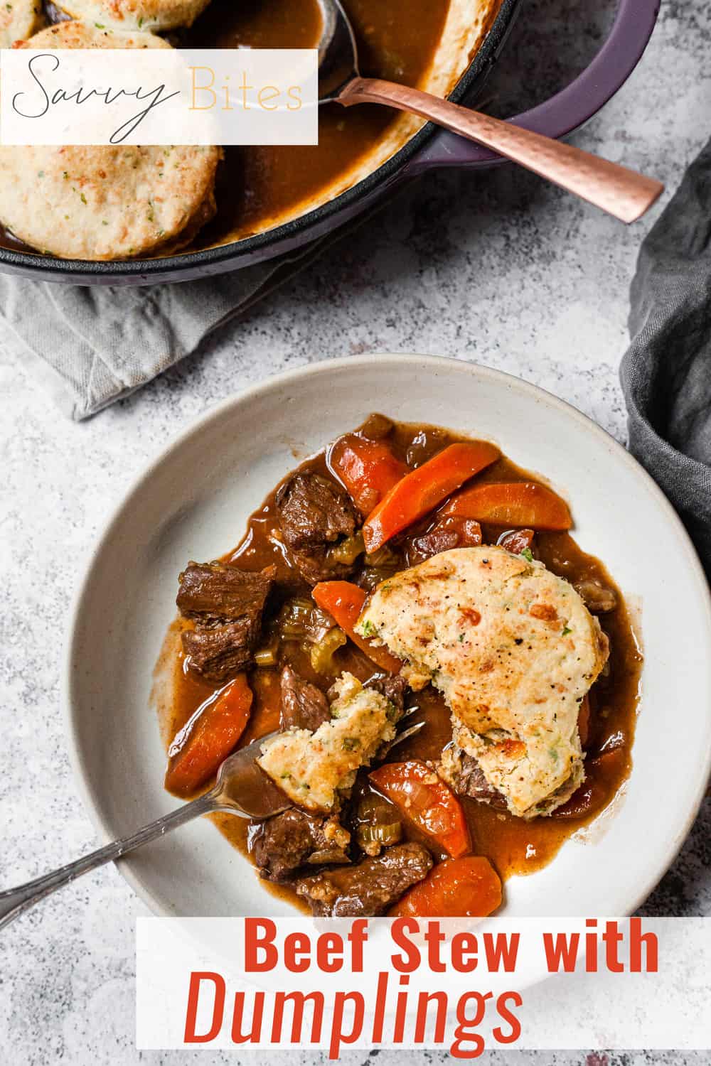 beef cobbler with cheddar scones in a casserole dish with text overlay.