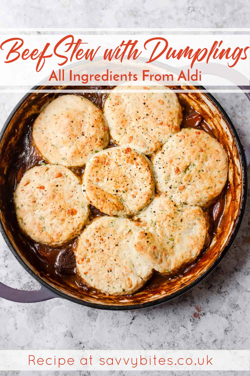 beef cobbler with cheddar scones in a casserole dish with text overlay.