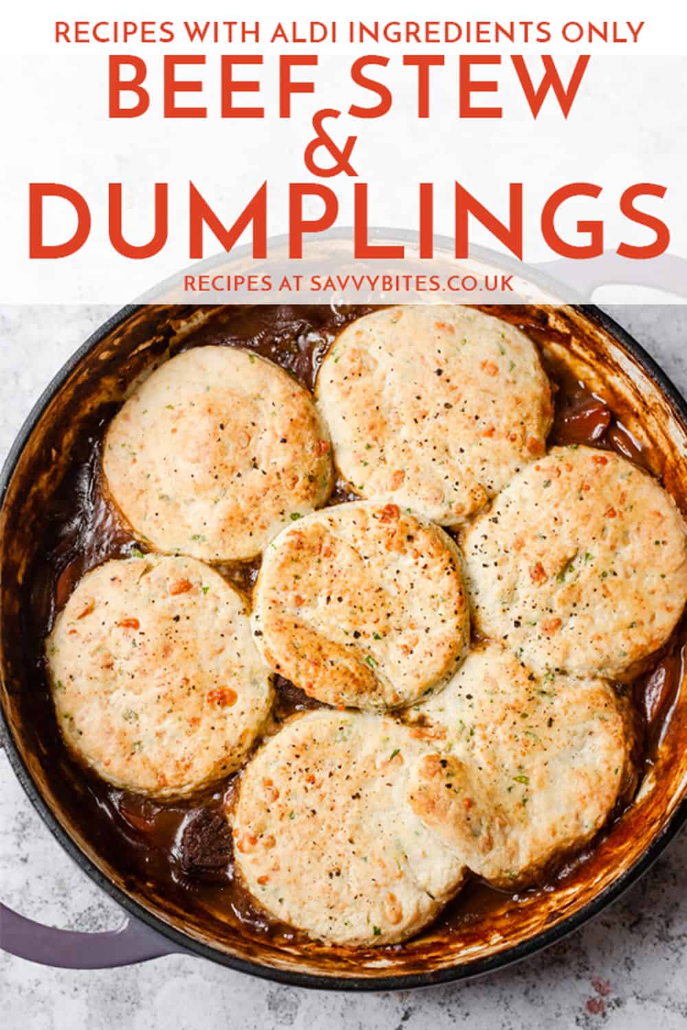 beef cobbler with cheddar scones in a casserole dish with text overlay.