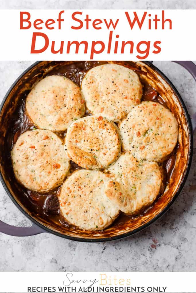 beef cobbler with cheddar scones in a casserole dish with text overlay.
