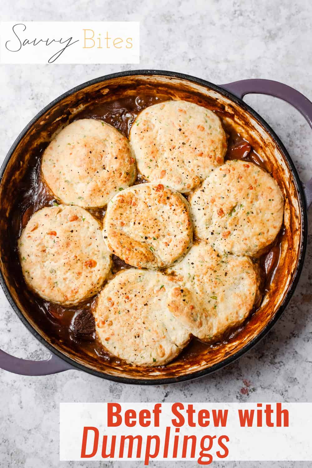 beef cobbler with cheddar scones in a casserole dish with text overlay.