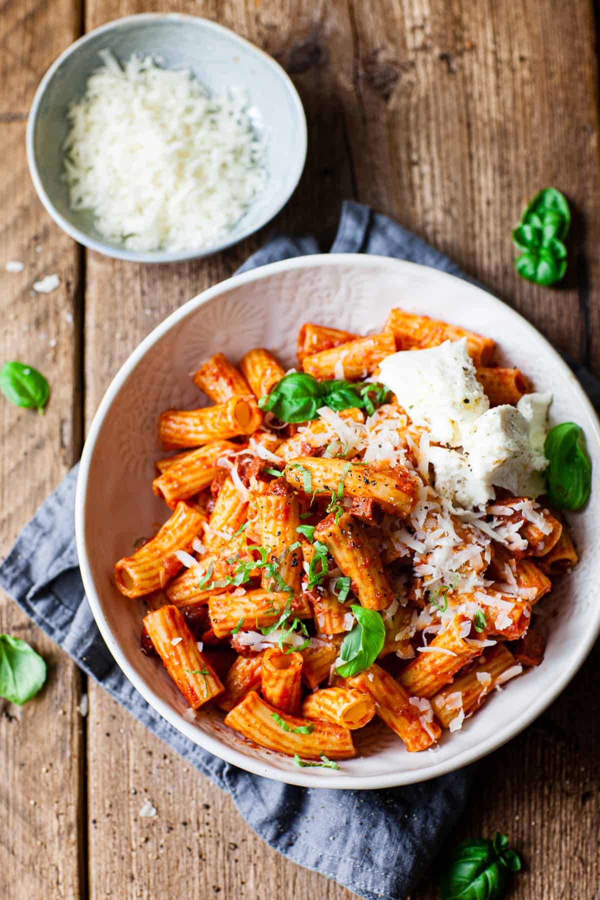 Chorizo pasta in a white bowl all ingredients from Aldi.