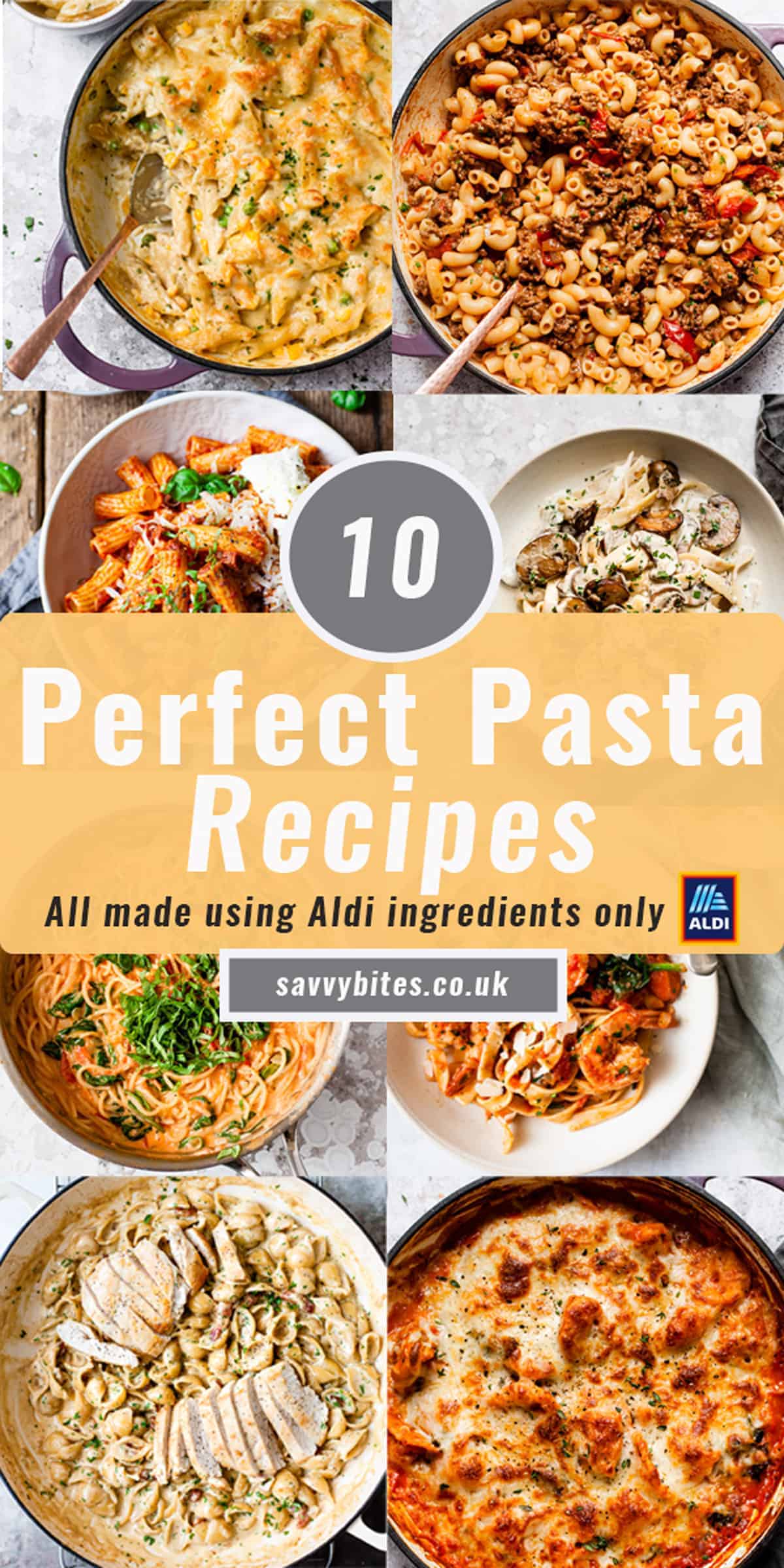 Collage photo of easy pasta recipes from Aldi.