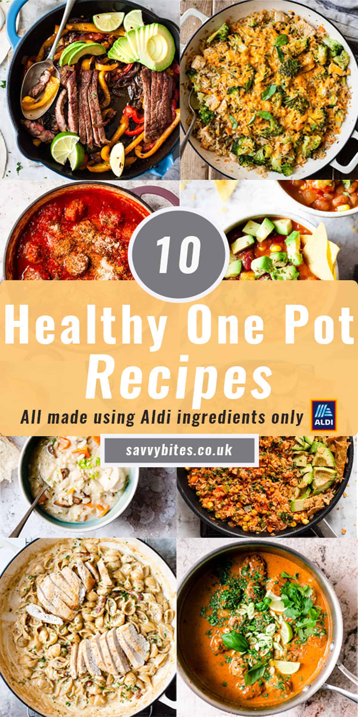 Collage of 10 photos for one pot recipes for Aldi recipes.