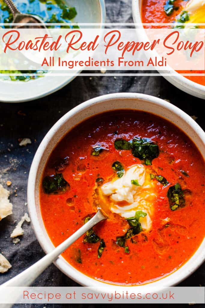 easy red pepper soup in a white bowl with text overlay.