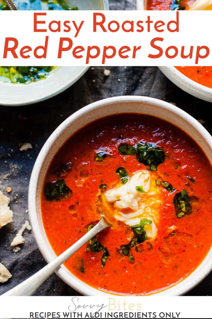 easy red pepper soup in a white bowl with text overlay.