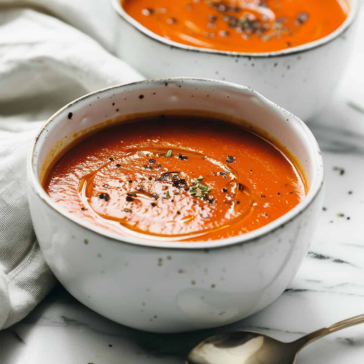 Roasted red pepper soup in a white bowl with cracked black pepper.