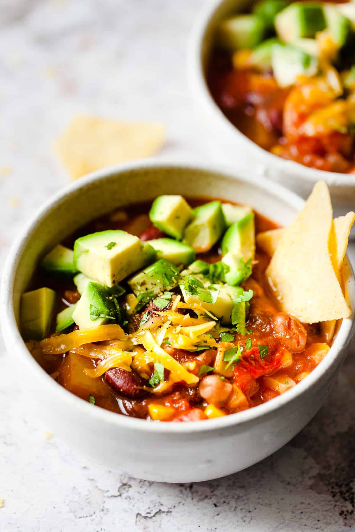 vegetarian chilli with avocado and tortilla chips. Using all Aldi ingredients.