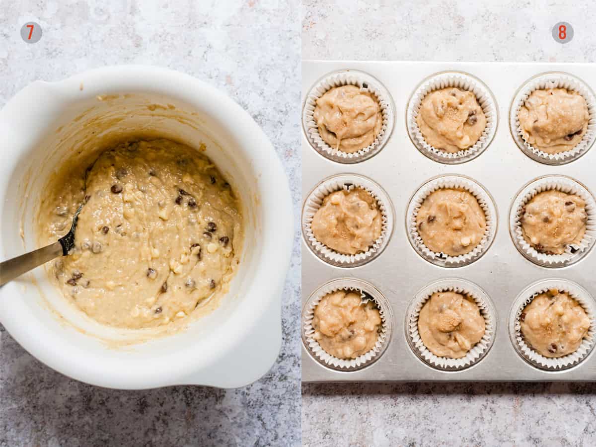 Unbaked muffins in a muffin tin.