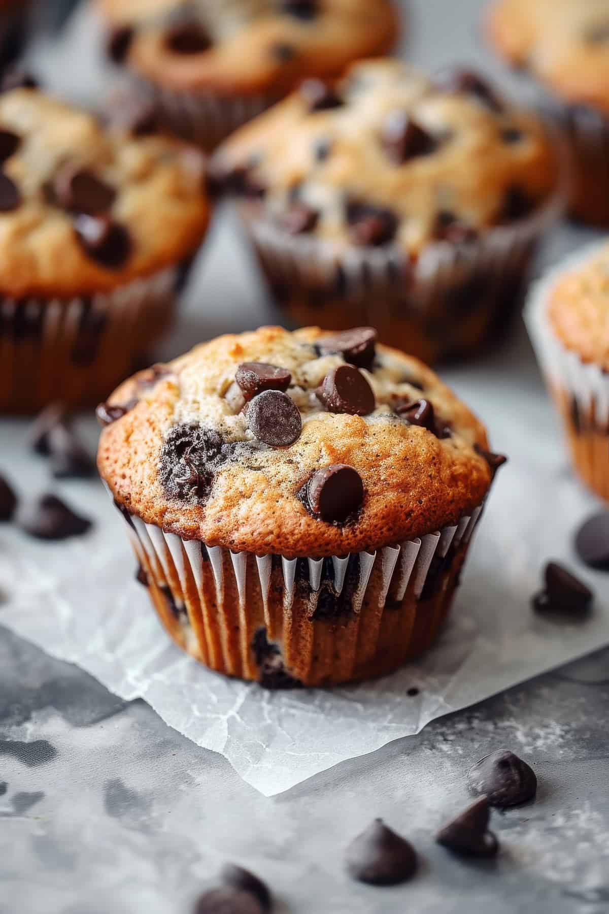 Banana and chocolate muffins on a baking tray.