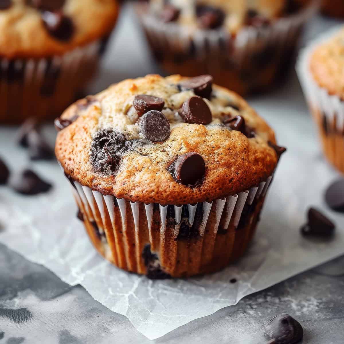 Banana and chocolate muffins on a baking tray.