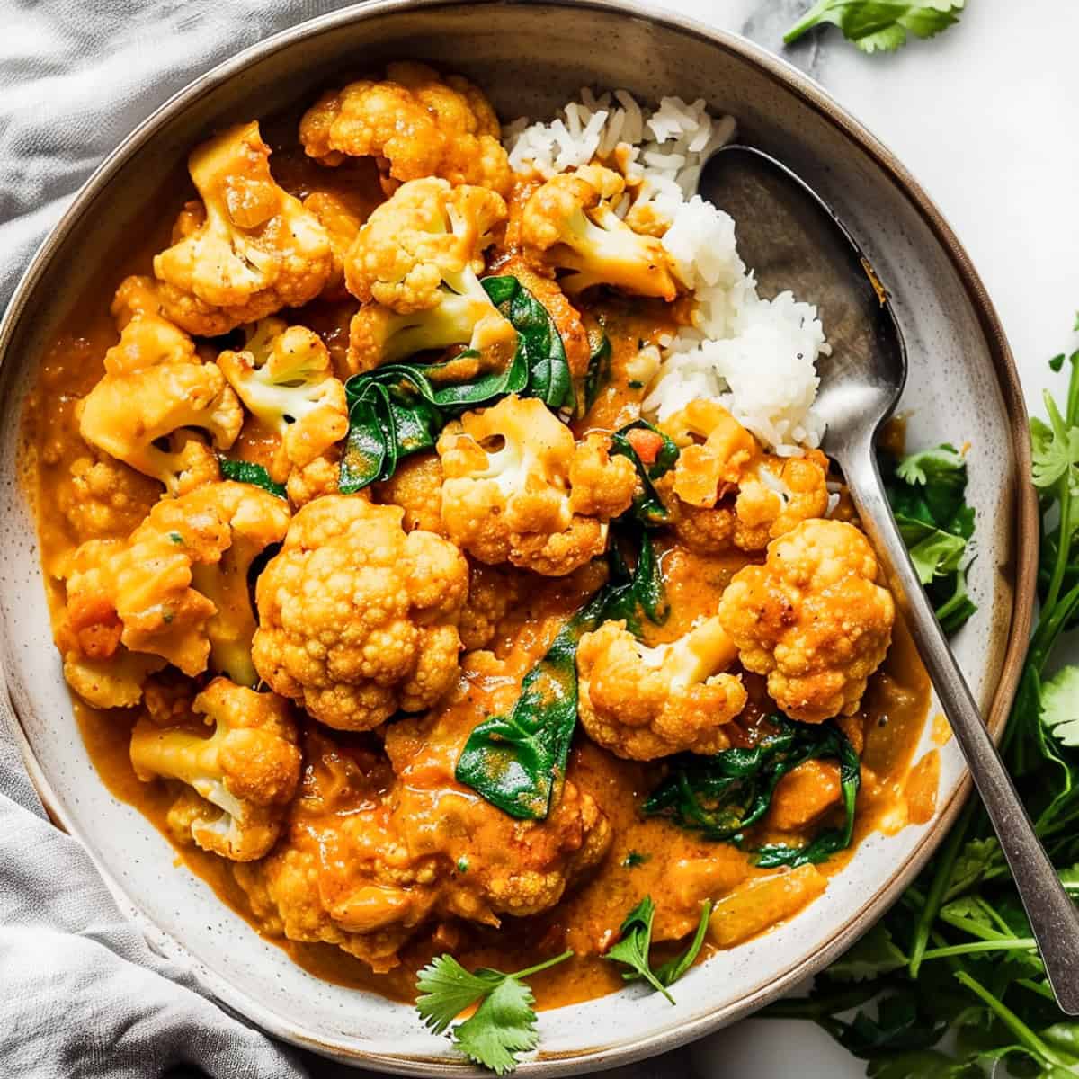 Cauliflower curry with spinach with rice in a bowl with coriander.