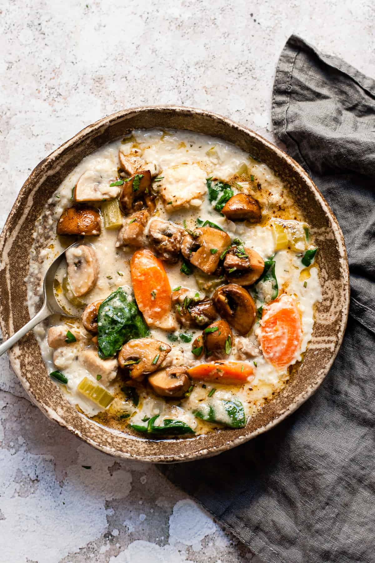 chicken and mushroom soup in a bowl with a spoon.