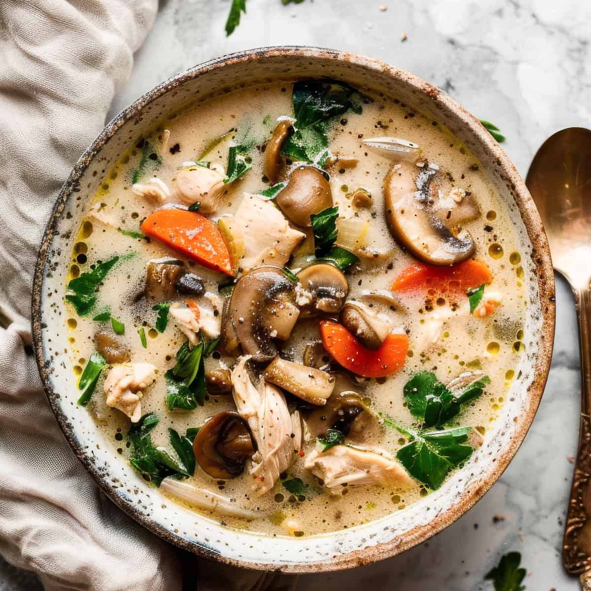 Easy slow cooker chicken and mushroom soup in a bowl with spinach.