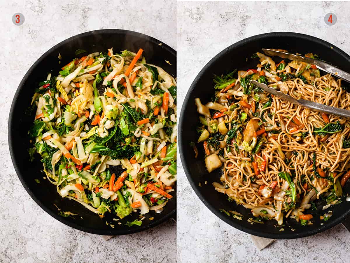 Vegetables added to a pan for soy sauce noodle stir fry.