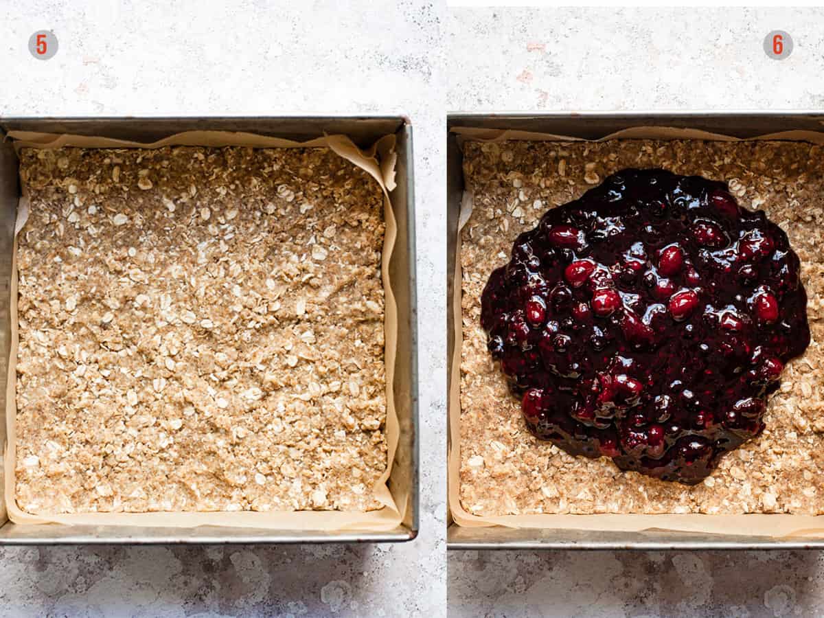 assembling the oat topping and the jam in a square pan