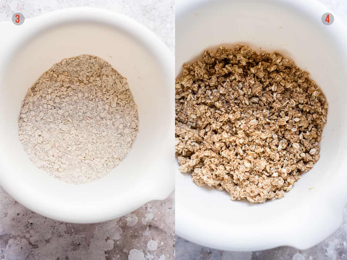 Crumble topping being mixed by hand in a mixing bowl.