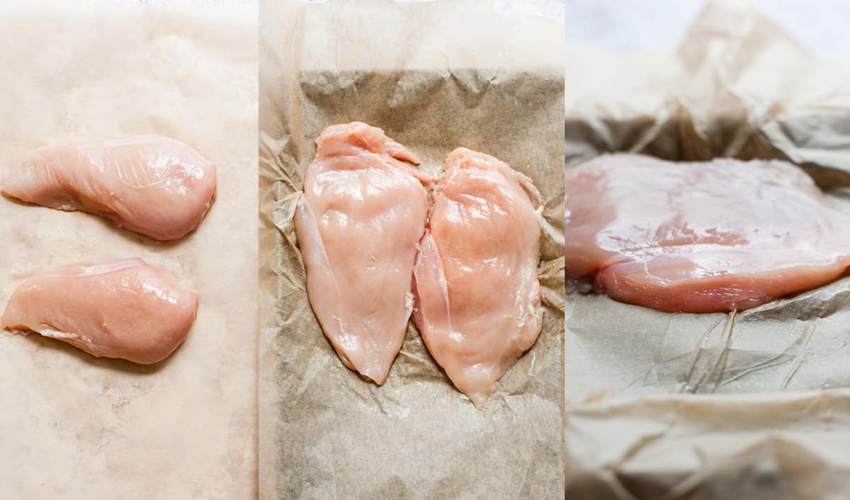 pounding out the chicken breast to keep it nice and thin.