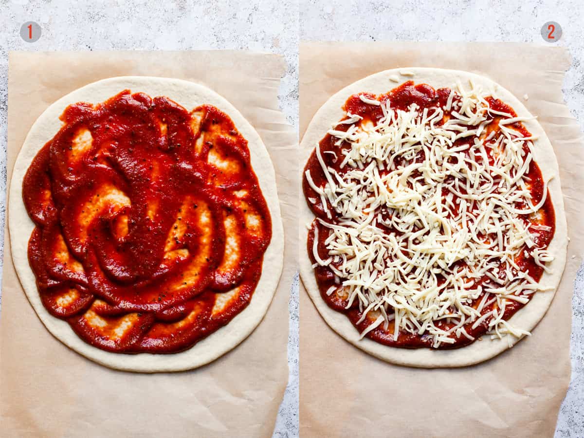 unbaked pizza dough with sauce and sauce and with cheese