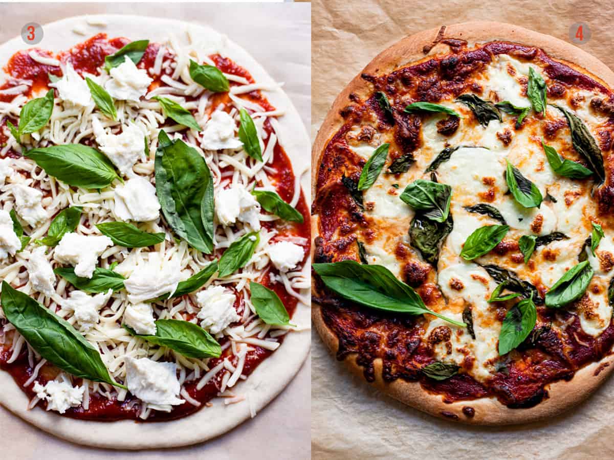 Margherita pizza before and after baking.