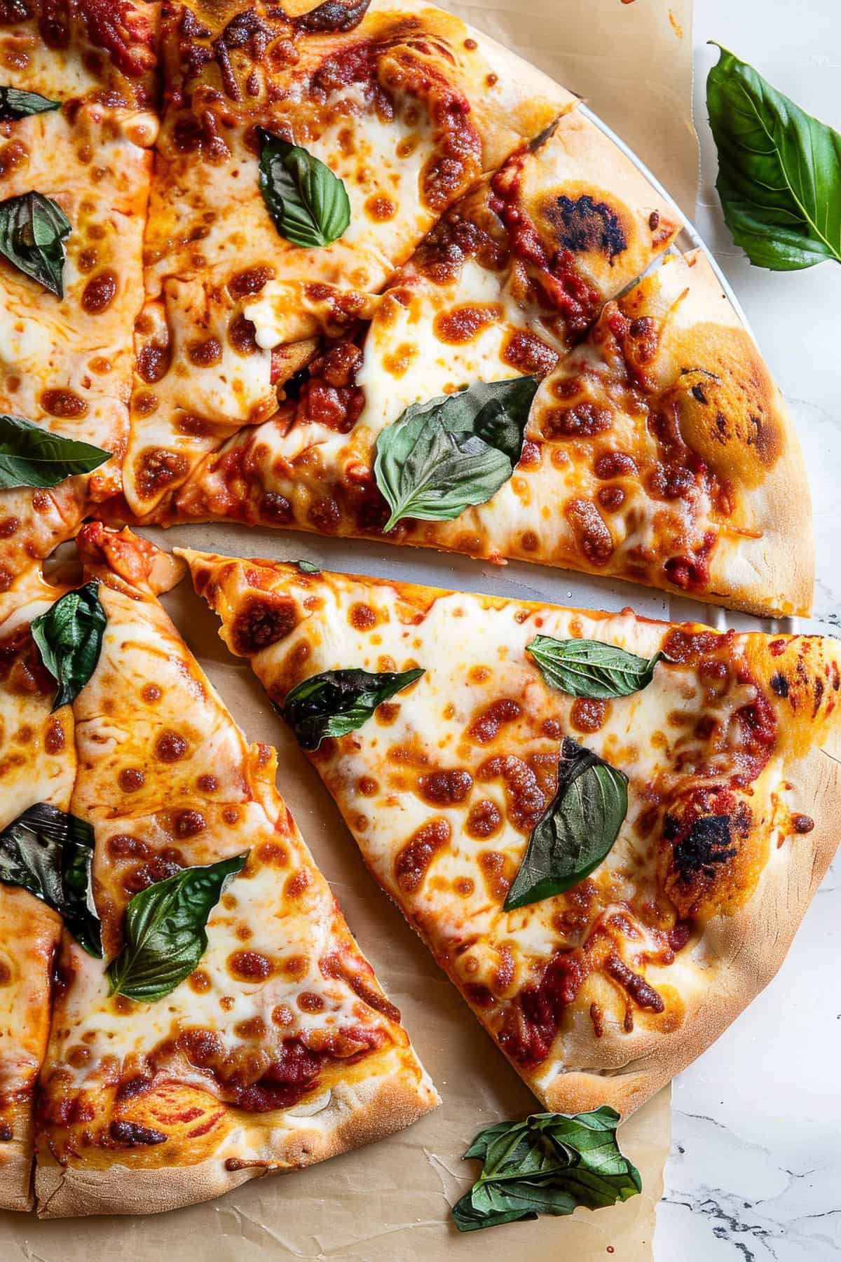 Margherita pizza with basil and mozzarella on a marble table.