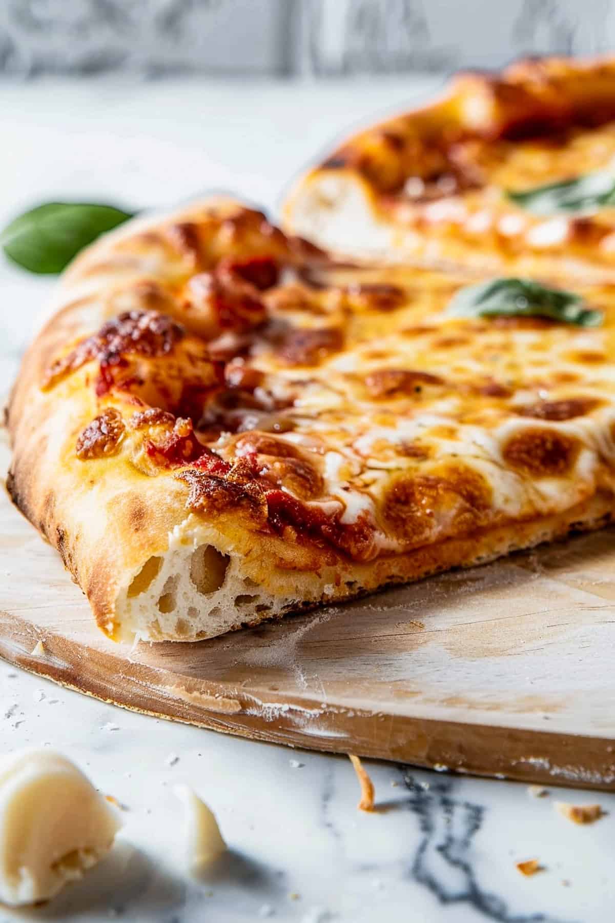 Margherita pizza with basil and mozzarella on a marble table.