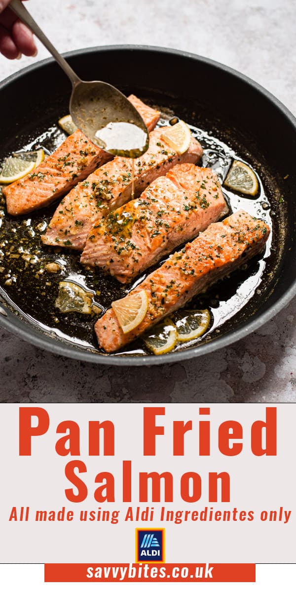 Pan fried salmon with garlic butter sauce and text overlay.
