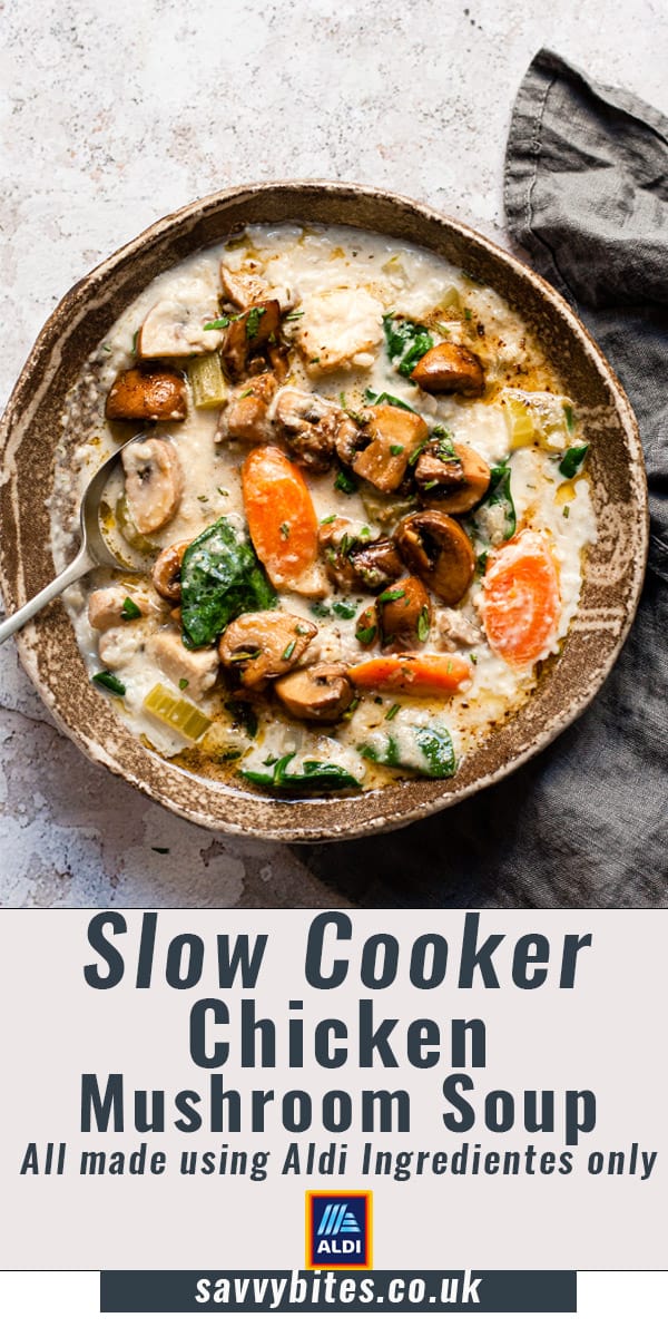 slow cooker chicken mushroom soup in a brown bowl.