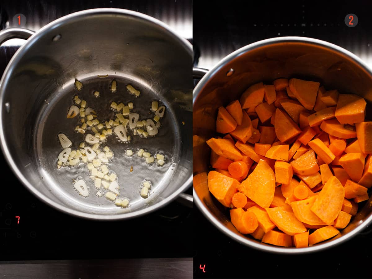 frying garlic and adding chopped sweet potatoes to a pan.