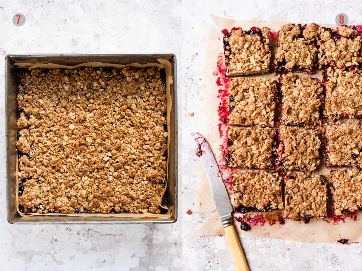 Jam slice in a tin before and after cutting.