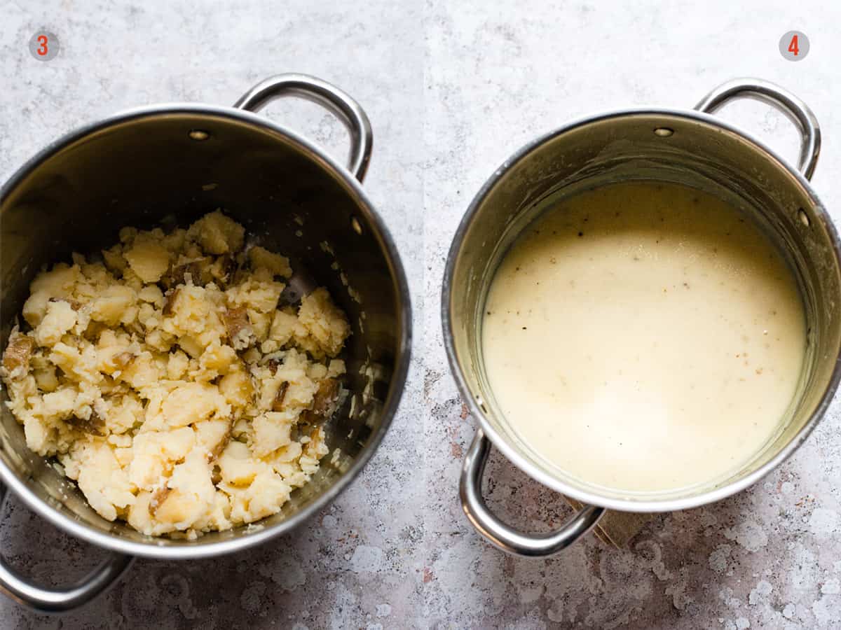 Chopped baked potatoes and blended soup in a pot.