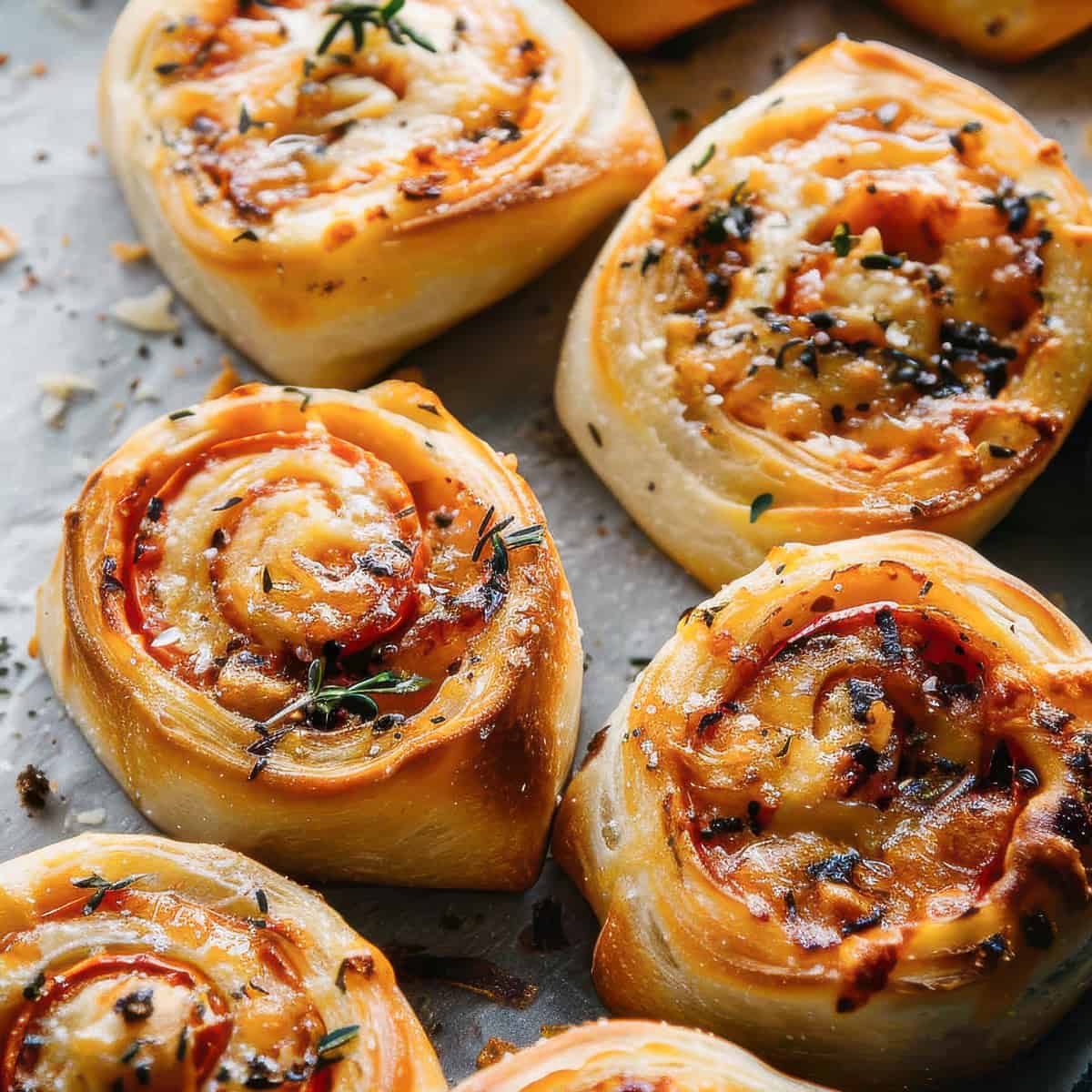 Cheese rolls with herbs on a marble table.