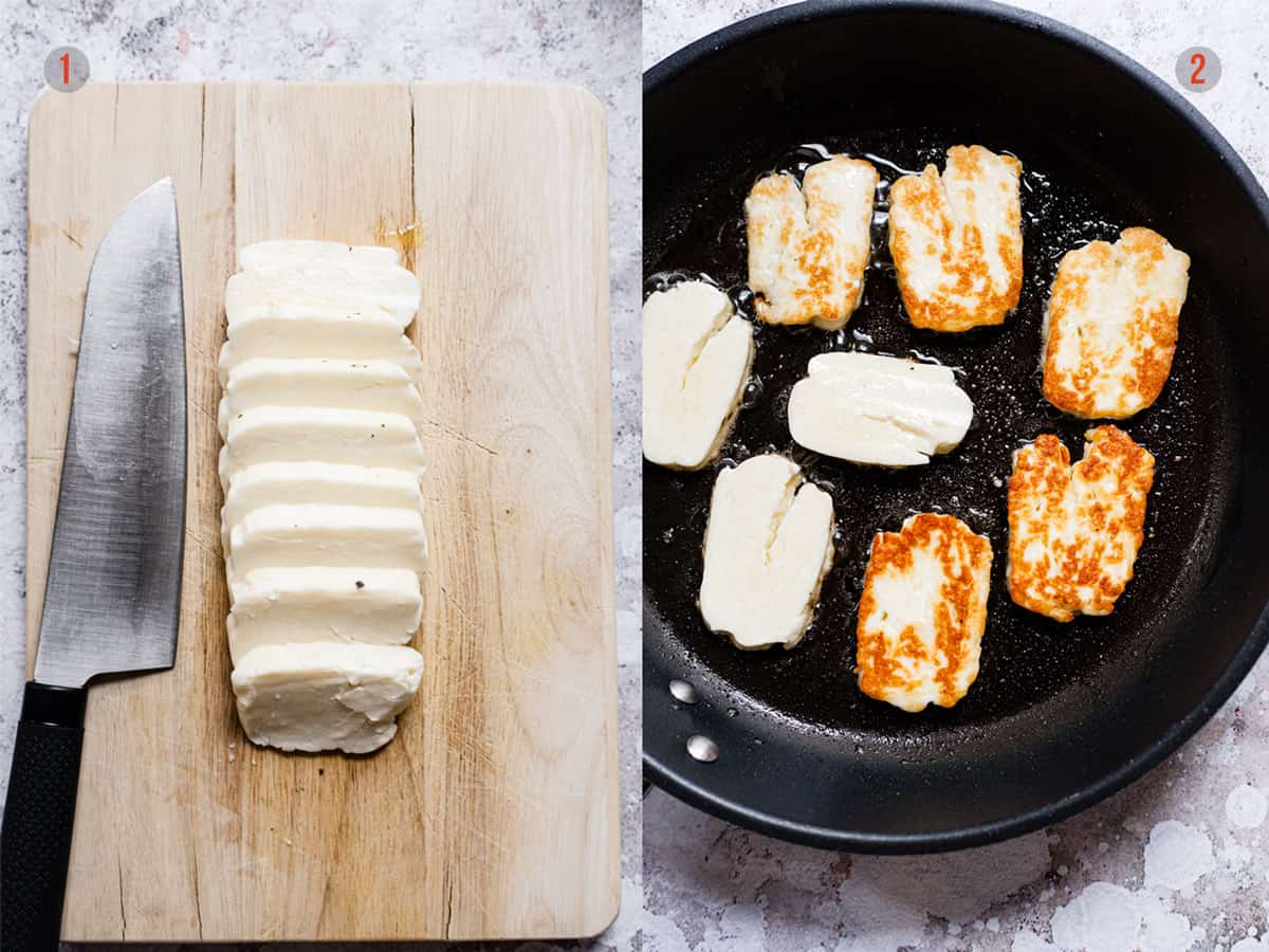 pan frying halloumi for salad