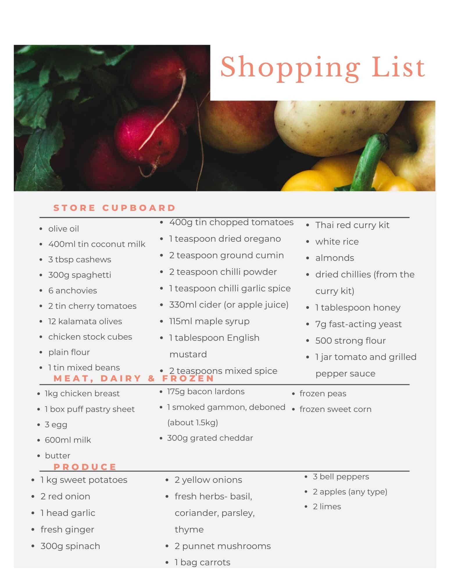 Aldi meal plan shopping list.