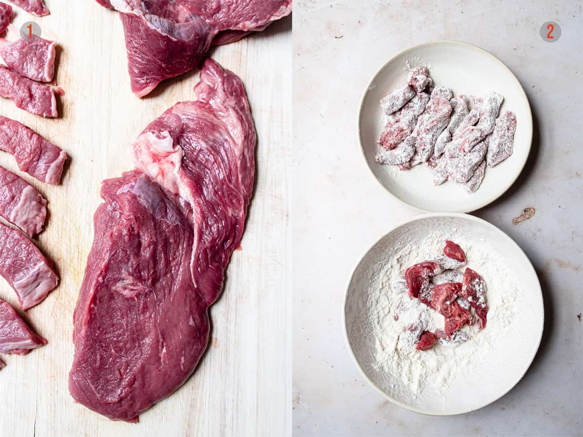beef on a chopping board  and sliced beef in flour