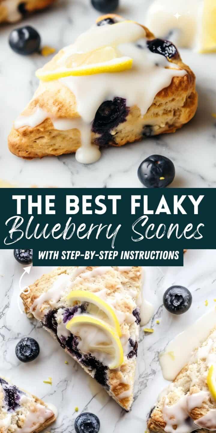 Blueberry scones with lemon glaze on a white table.