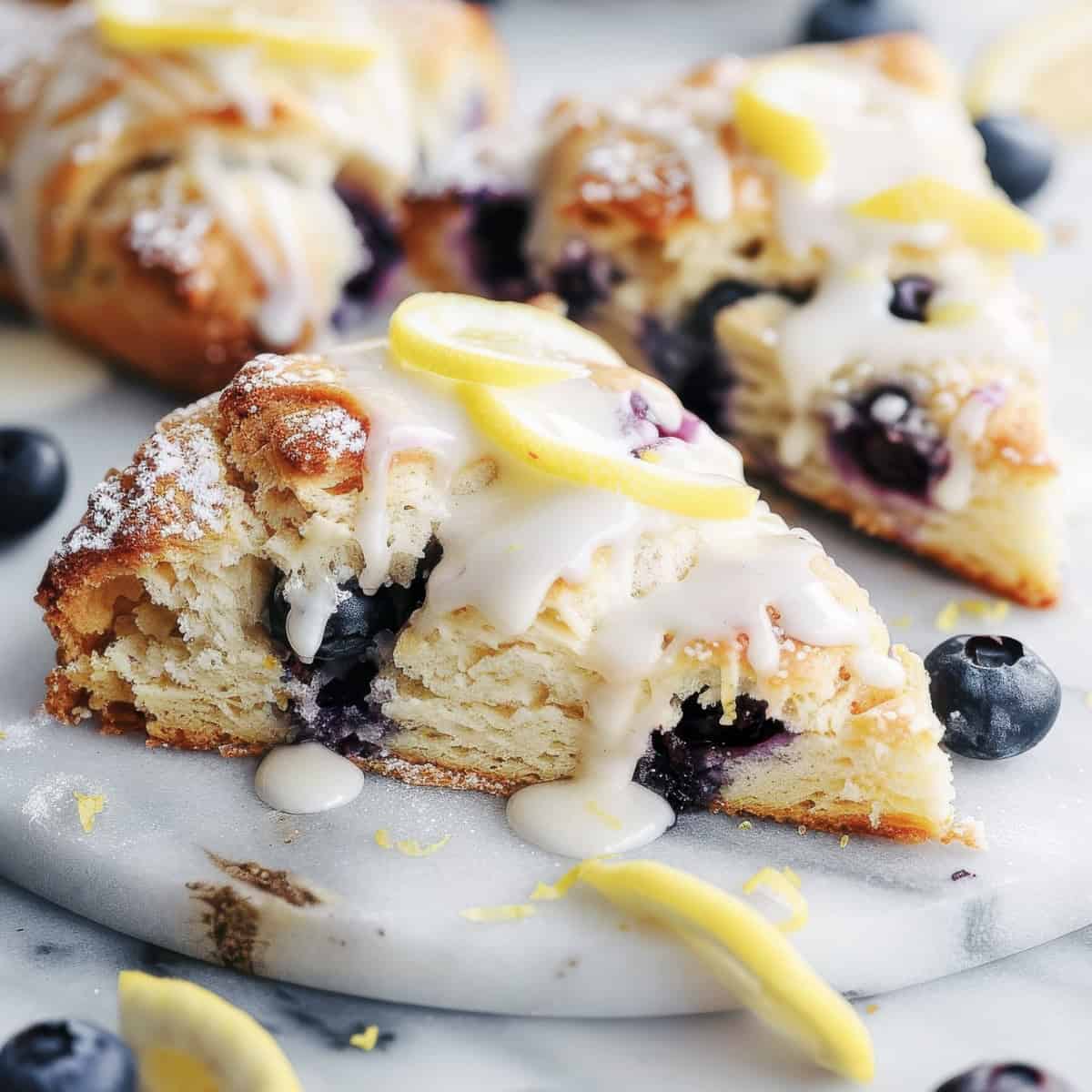 Blueberry scones with lemon glaze on a marble board.