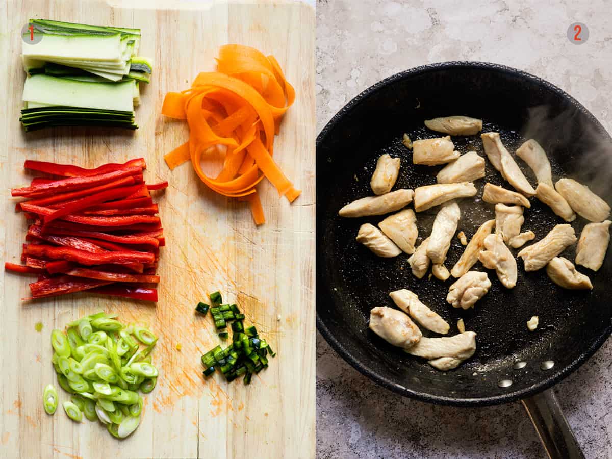 Vegetables and chicken in a pan for bang bang noodles.