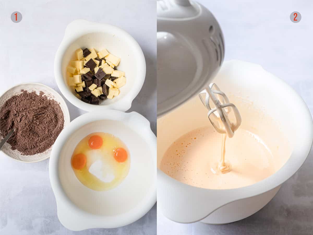 mixing bowls with chocolate and eggs for making mini egg brownies