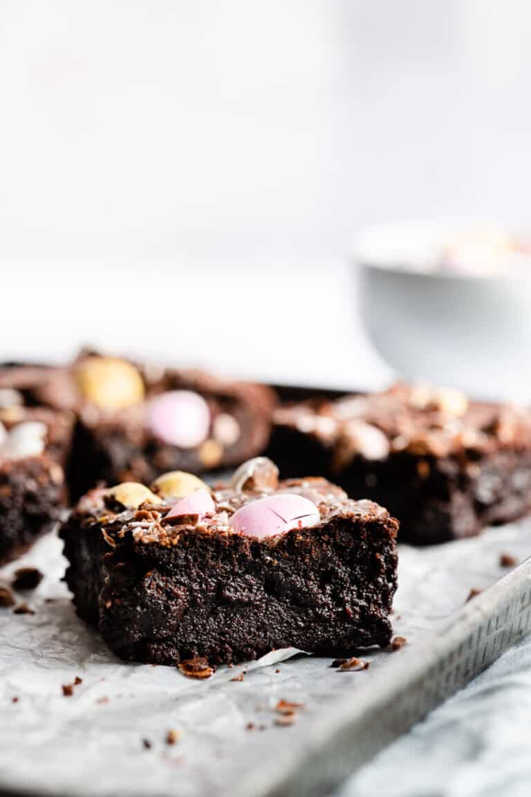 mini egg brownies on a baking tray
