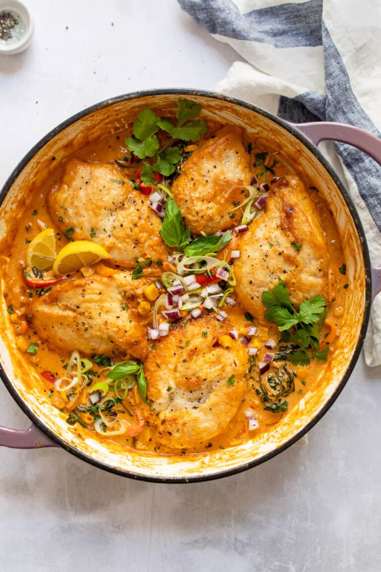 Mexican chicken in a skillet with Aldi ingredients