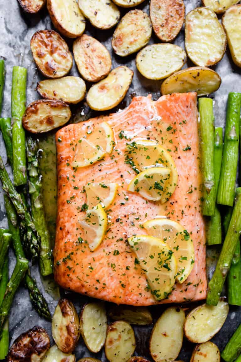 salmon tray bake with asparagus and potatoes