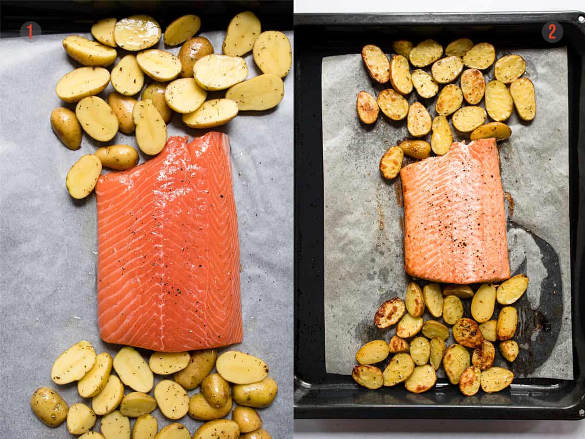 Salmon fillet on a roasting tray with potatoes.