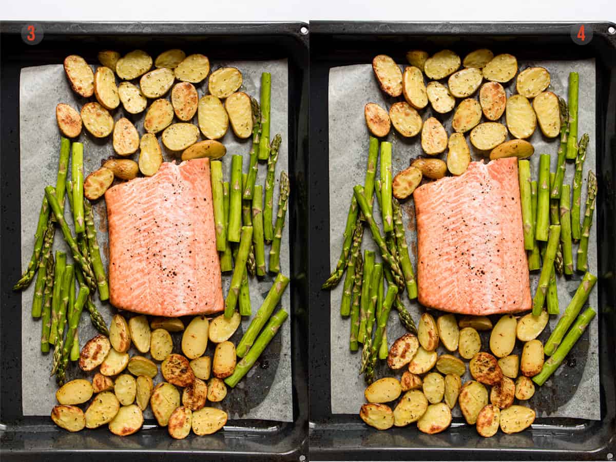 Oven-baked salmon with asparagus and potatoes on a roasting tray.