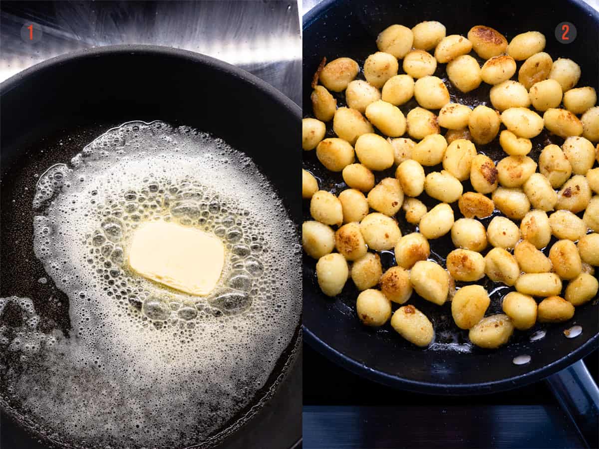 butter in a pan with gnocchi for spinach gnocchi