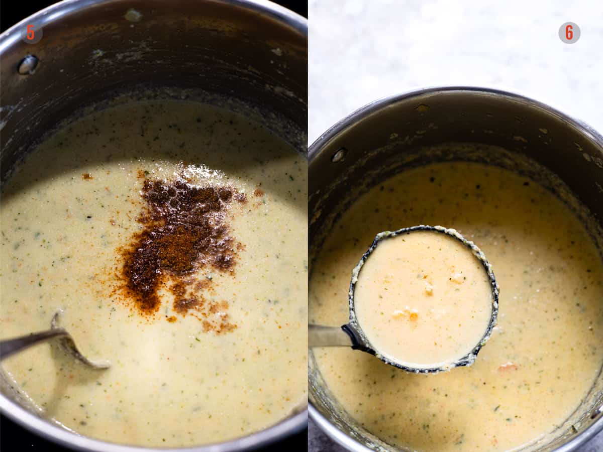 Creamy cauliflower cheese soup in a pot.