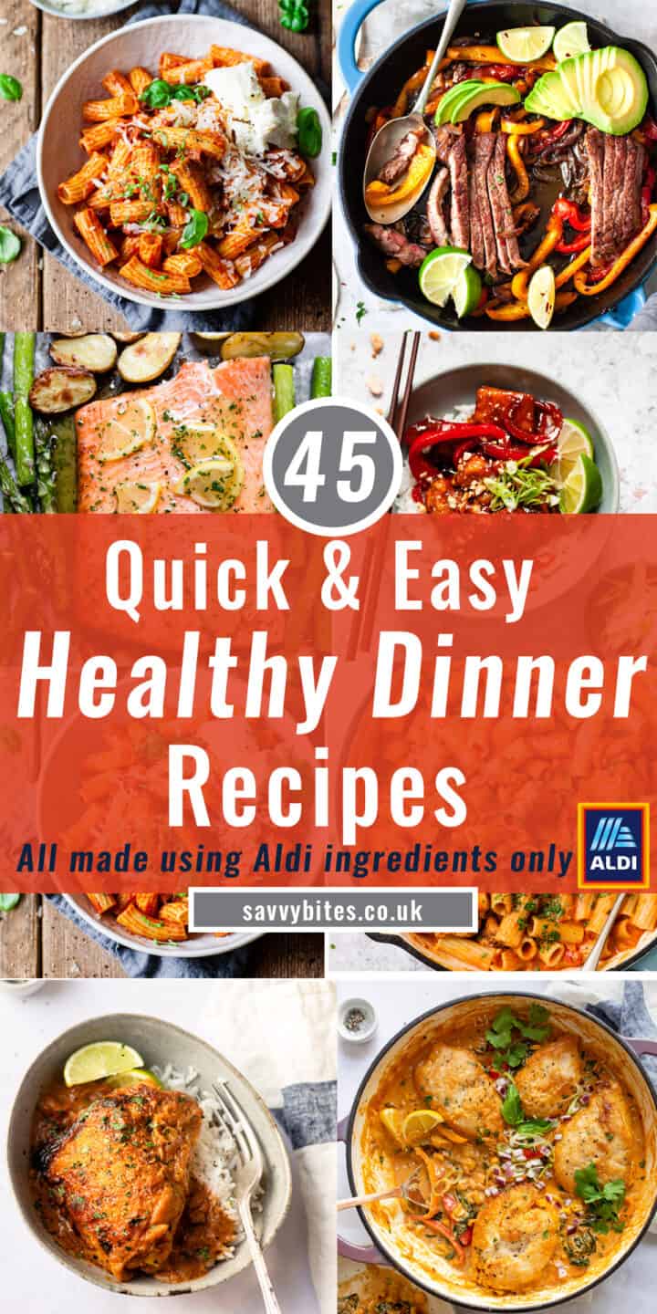 45 healthy dinners photos with text overlay.