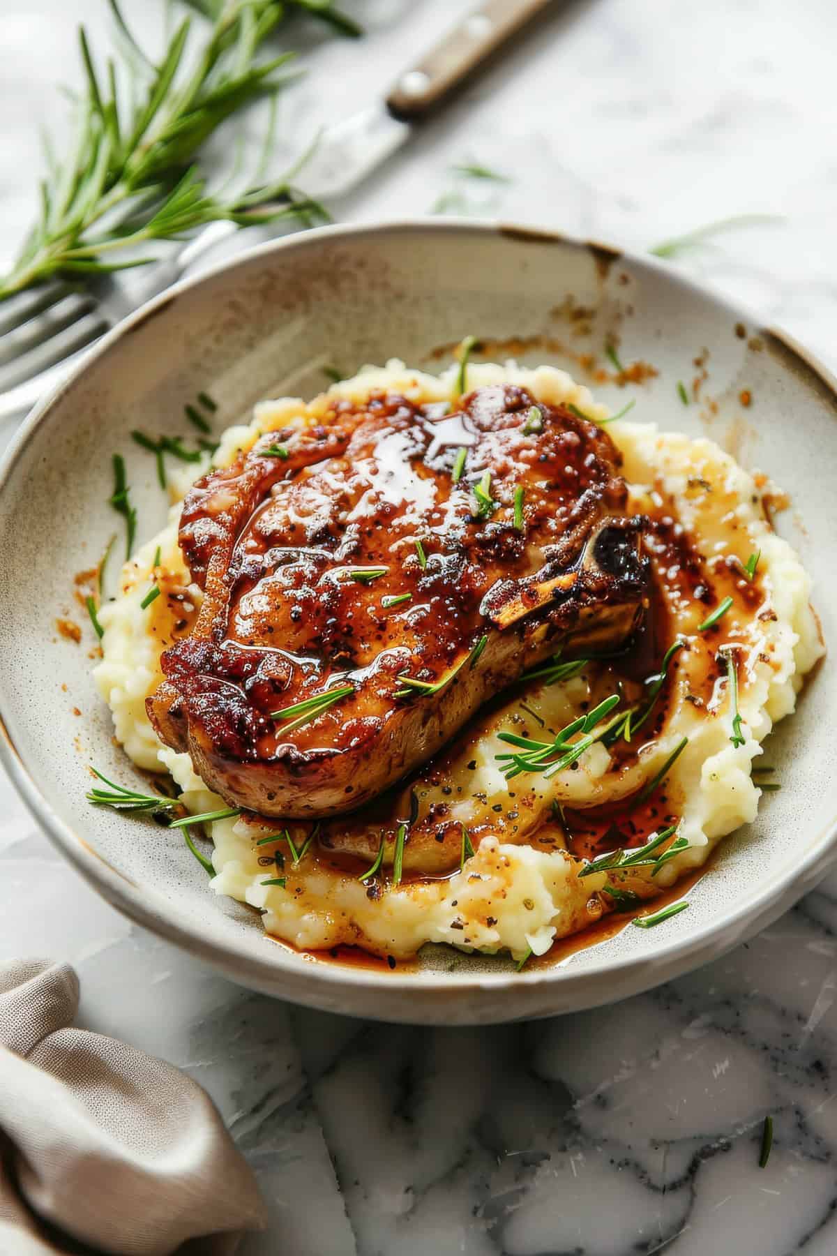 Easy brown sugar-glazed pork chops with mashed potatoes in a white bowl.