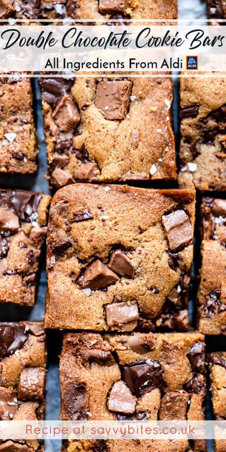 cookie bars in a row with text overlay for pinterest