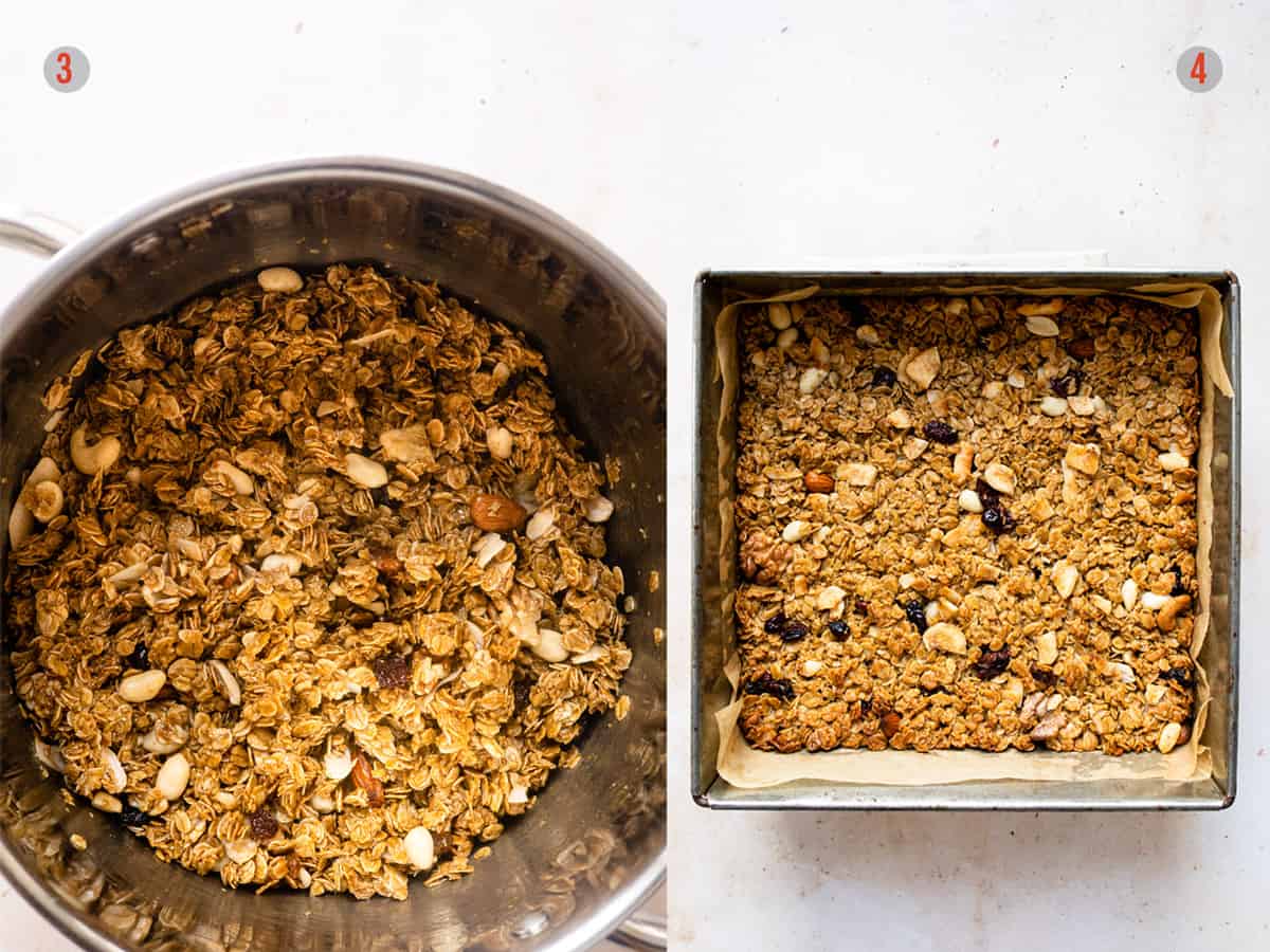 healthy flapjack mix in the pan and the baking tray.